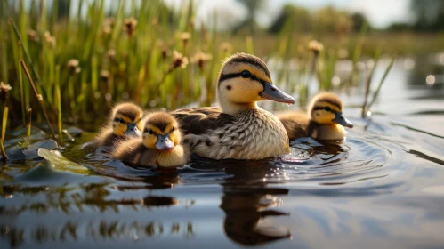 Tranquil Family of Ducks Swimming in Clear Pond