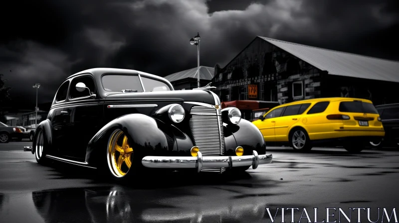 Vintage Chevrolet Coupe Parked on Wet Street AI Image
