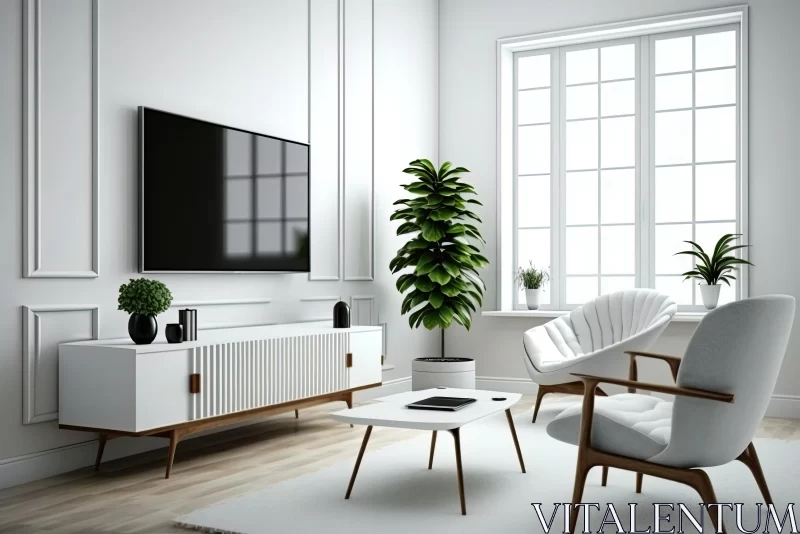 AI ART White Living Room Interior: Mid-Century Modern Design