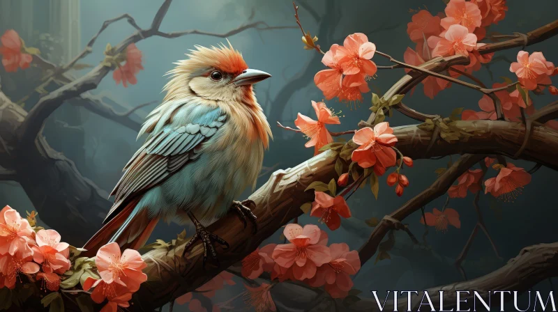 Beautiful Bird Painting on Flowering Tree Branch AI Image