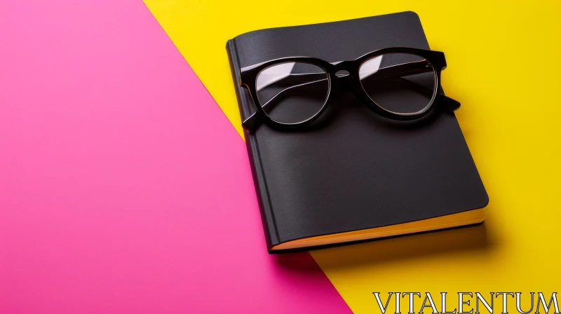 Black Closed Book and Glasses on a Bright Pink and Yellow Background AI Image