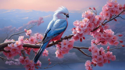 Blue and White Parrot on Cherry Blossom Tree Painting