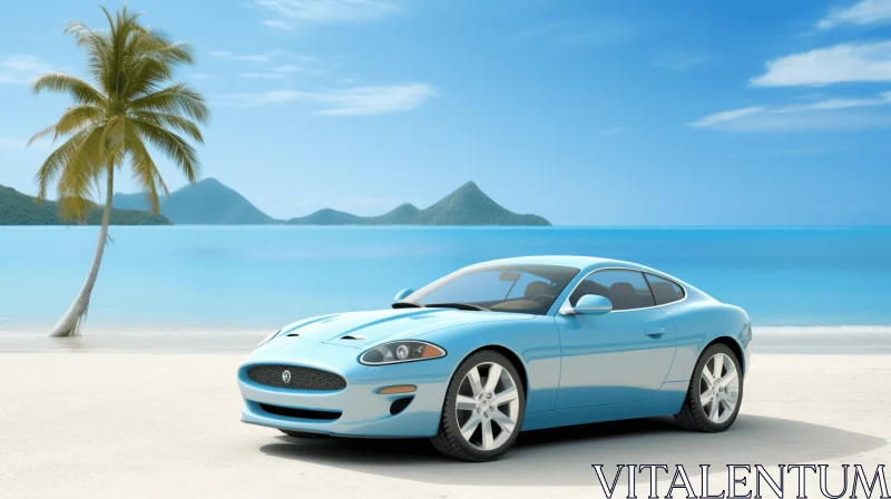 Blue Sports Car on Beach | Precision and Detail-oriented Artwork AI Image