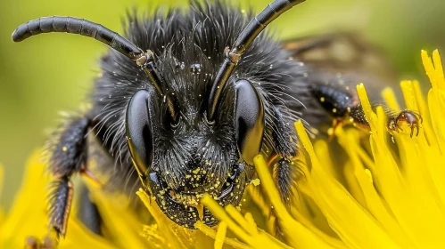 Close-up Bee on Dandelion Flower