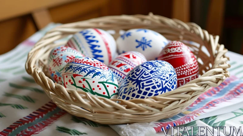Easter Eggs Basket on Colorful Tablecloth | Festive Decoration AI Image