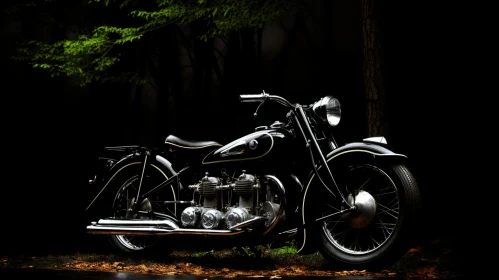 Elegant Black Motorcycle in a Enchanting Wooded Area