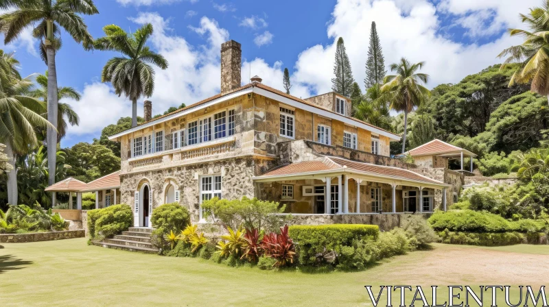 Enchanting Colonial-Style House amidst Tropical Vegetation AI Image