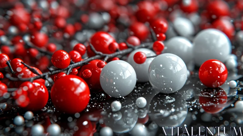 Intricate Arrangement of Red and White Spheres on Reflective Surface AI Image