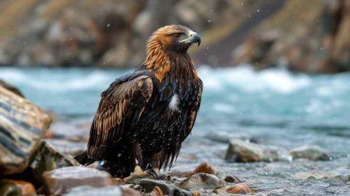 Majestic Golden Eagle Standing on Rock in River