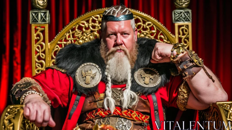 Powerful Viking King on Golden Throne with Sword and Shield AI Image