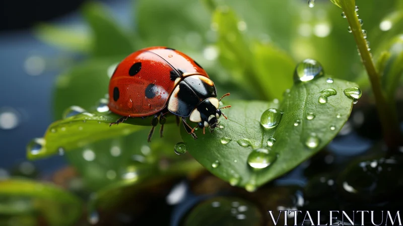 Red Ladybug on Green Leaf - Close-up Nature Photography AI Image