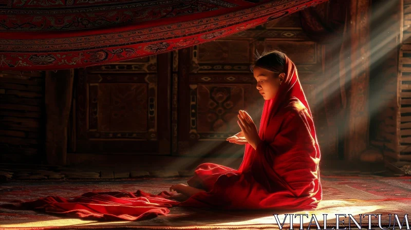 Serene Buddhist Nun in Red Robe | Devotion and Beauty Captured AI Image