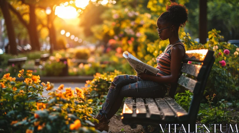 AI ART Serene Moment: Young Woman Reading Newspaper in Park at Sunset