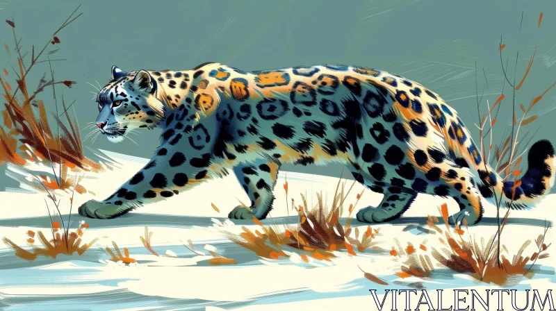 Snow Leopard in Snowy Landscape Digital Painting AI Image
