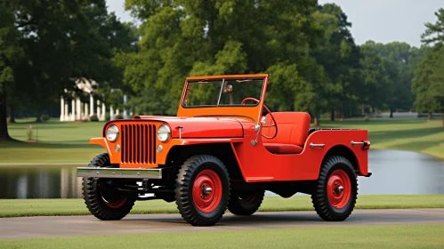 Vintage Orange Jeep Parked on Green Grass | Bold and Graceful Artwork