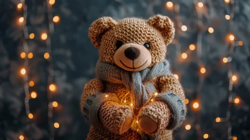Adorable Teddy Bear with Knitted Scarf and Mittens