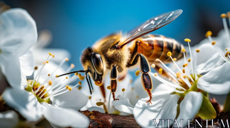 Bee on White Flower - Nature Pollination Scene AI Image