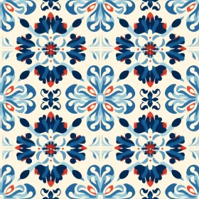 Blue Red White Floral Tiles Pattern