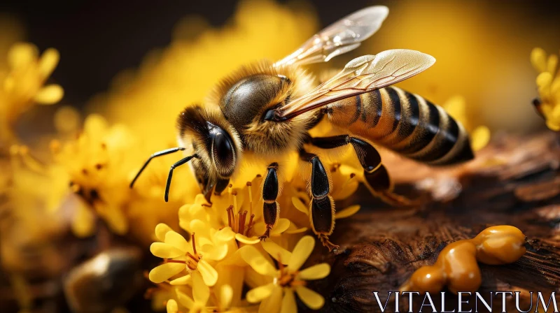 AI ART Close-Up Nature Photography: Honeybee on Vibrant Yellow Flower