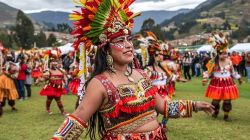 Colorful Traditional Costume Dance at Festival with Mountains