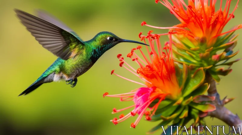 Green Hummingbird Flying to Red Flower AI Image