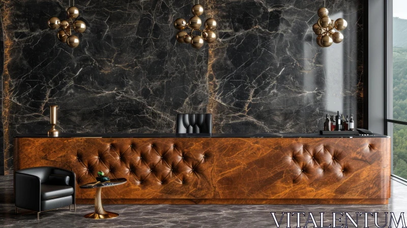 Luxurious Hotel Reception Desk with Dark Brown Leather and Black Marble AI Image