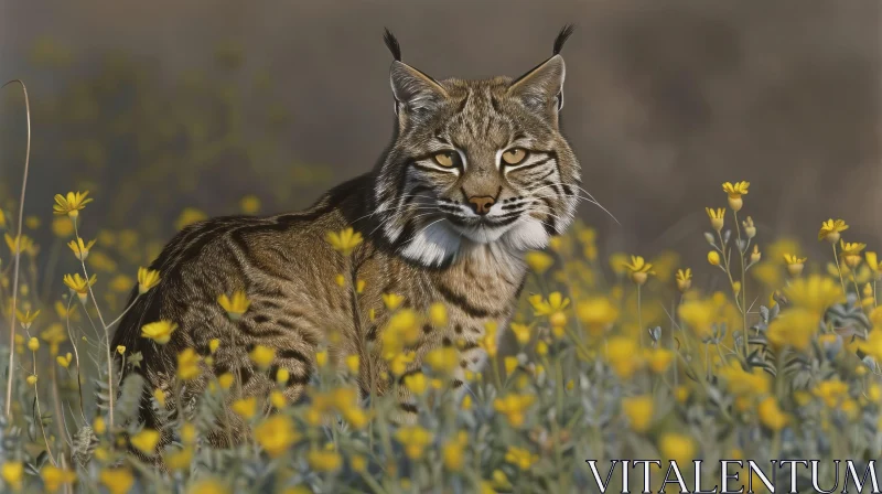 Majestic Bobcat in Field of Yellow Flowers AI Image