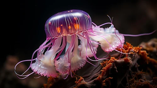 Pink and Purple Jellyfish in Dark Blue Sea