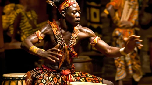 Powerful African Man in Traditional Clothing Performing a Dance or Ritual