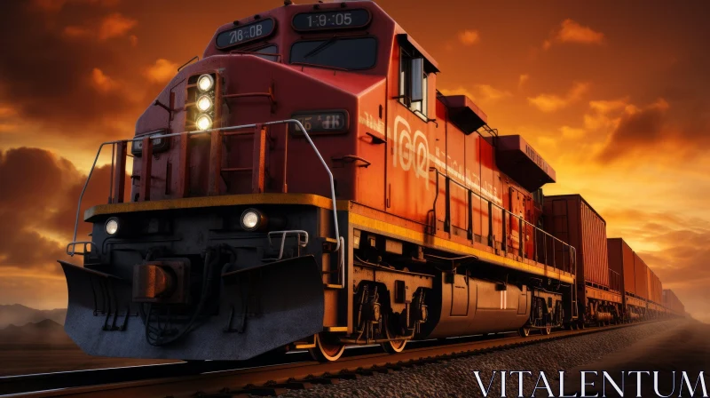 Red Freight Train Moving at Sunset AI Image