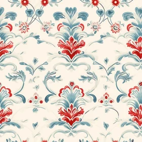 Symmetrical Floral Pattern in Red and Blue on Beige Background