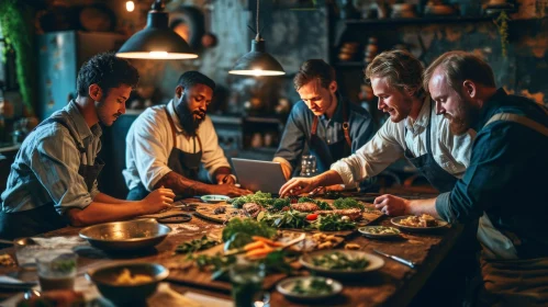 Bearded Men Preparing Food in a Rustic Kitchen