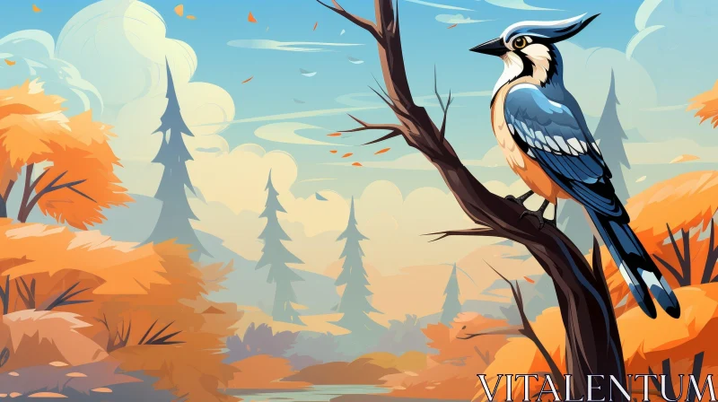 AI ART Blue Jay in Autumn Forest Cartoon Illustration