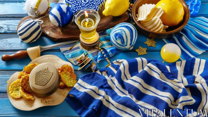 AI ART Blue Wooden Table Set with Menorah, Lemons, and Sufganiyot