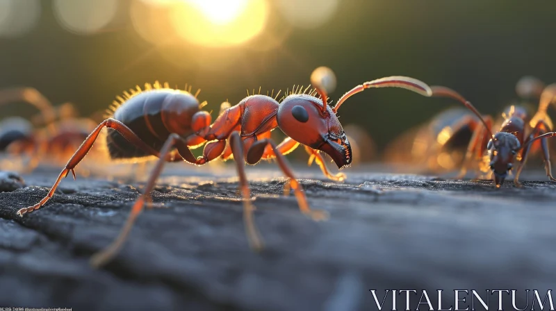 Detailed Macro Photo of Red Ant on Textured Wood AI Image