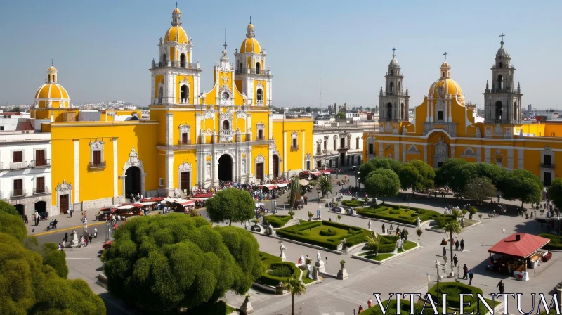 Discover the Beauty of a Mexican Plaza with a Yellow Cathedral AI Image