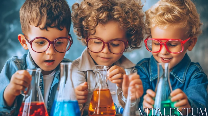 Enchanting Science Experiment by Three Children in Lab Coats AI Image