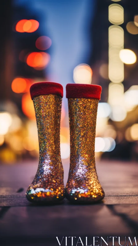 AI ART Golden Glitter Boots in City Lights - Fashion Statement