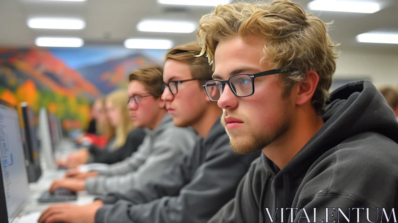 Intense Focus: Three Teenage Boys in a Computer Lab AI Image