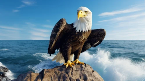 Majestic Bald Eagle on Rock in Ocean