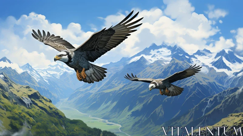 Majestic Eagles Soaring Above Snow-Capped Mountains AI Image