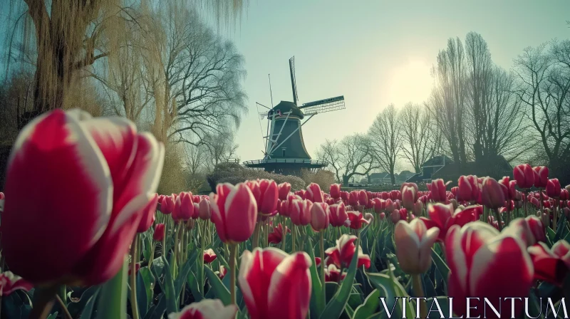 Majestic Windmill and Vibrant Tulips in a Serene Landscape AI Image