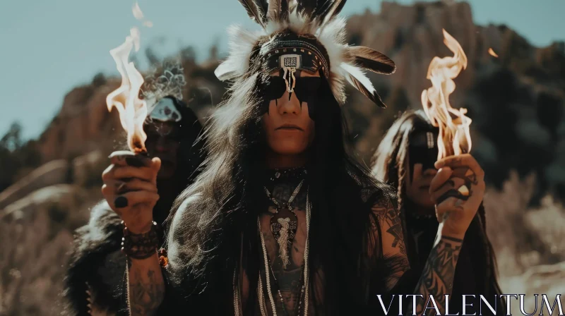 Native American Headdresses in Desert Landscape AI Image