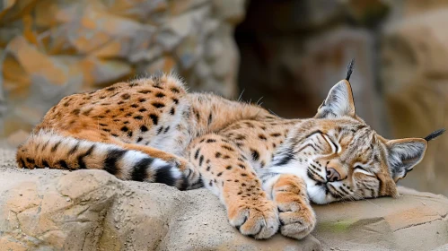 Peaceful Lynx Sleeping on Rock