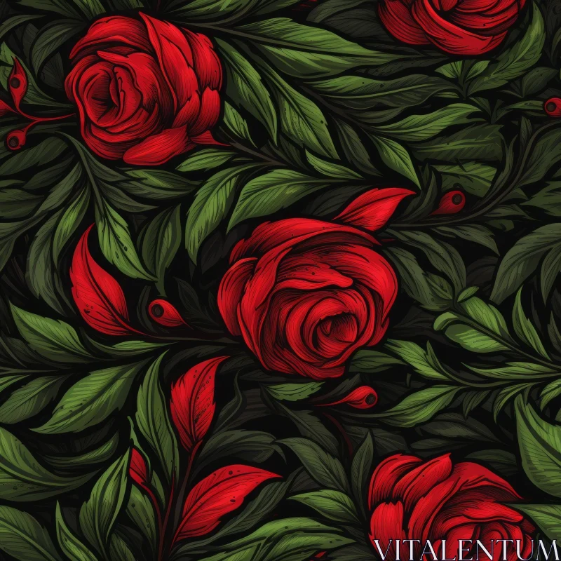 AI ART Red Roses and Green Leaves Seamless Pattern