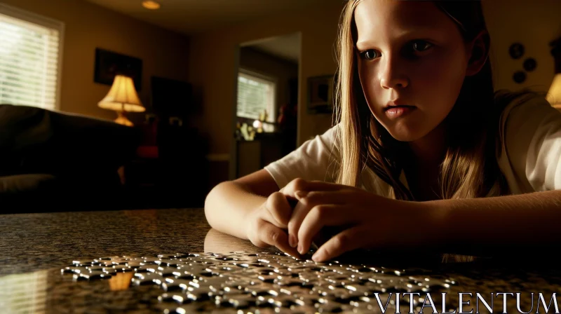 Captivating Image of a Girl Solving a Jigsaw Puzzle AI Image