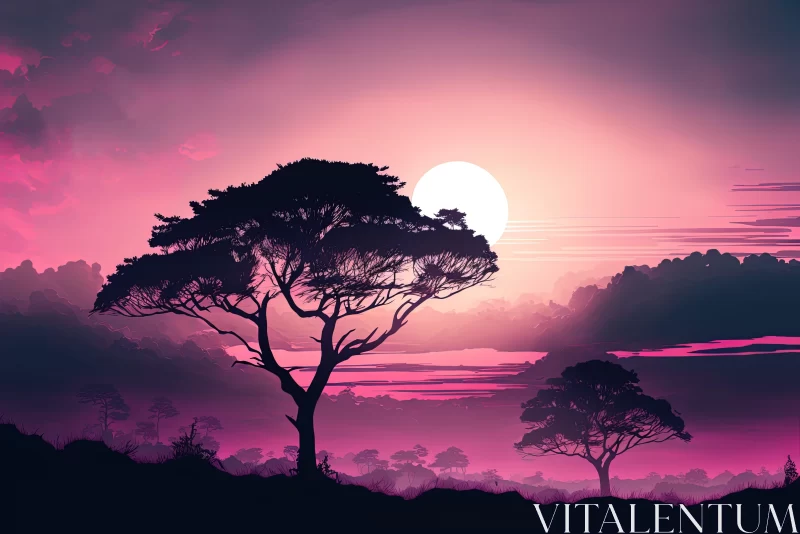 Captivating Sunset Illustration with Majestic Trees | Romantic & Dramatic Landscapes AI Image