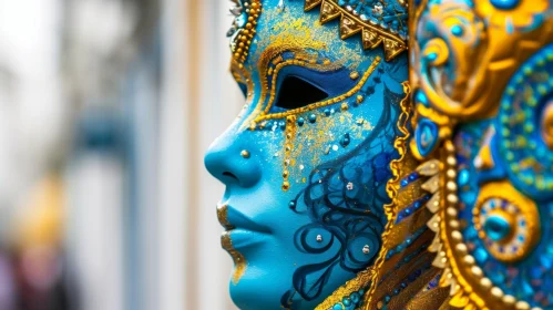 Close-up of Woman in Blue and Gold Venetian Mask