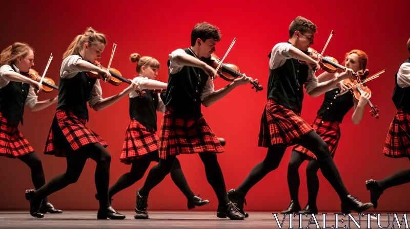 Energetic Dance Performance with Kilts and Violinists AI Image