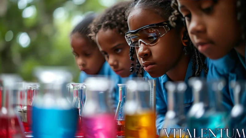 Four Young African American Girls in Science Class - Lab Coats and Safety Goggles AI Image